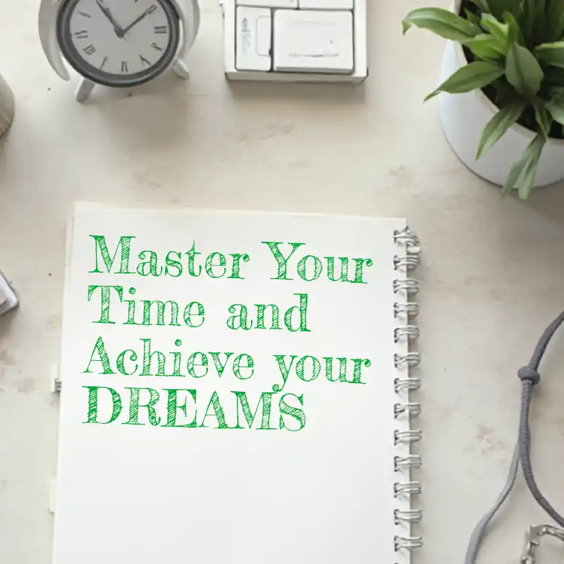 photo of a desk with a clock, plant and a open note pad with master your time and achieve your goals writen on the page