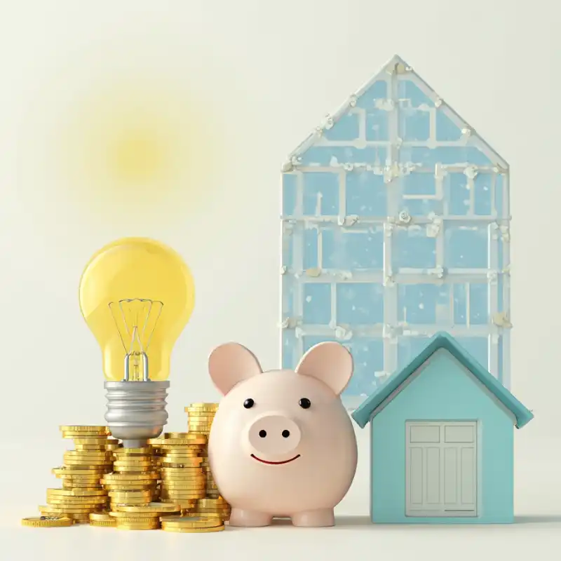 artistic photo of light blub, house, gold coins and a piggy bank