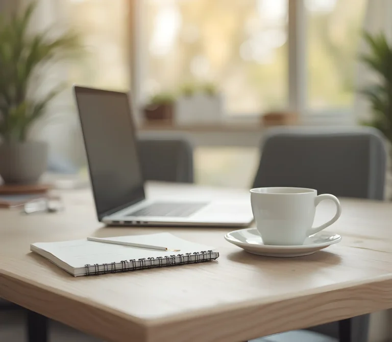a table with laptop, notebook and coffee cup