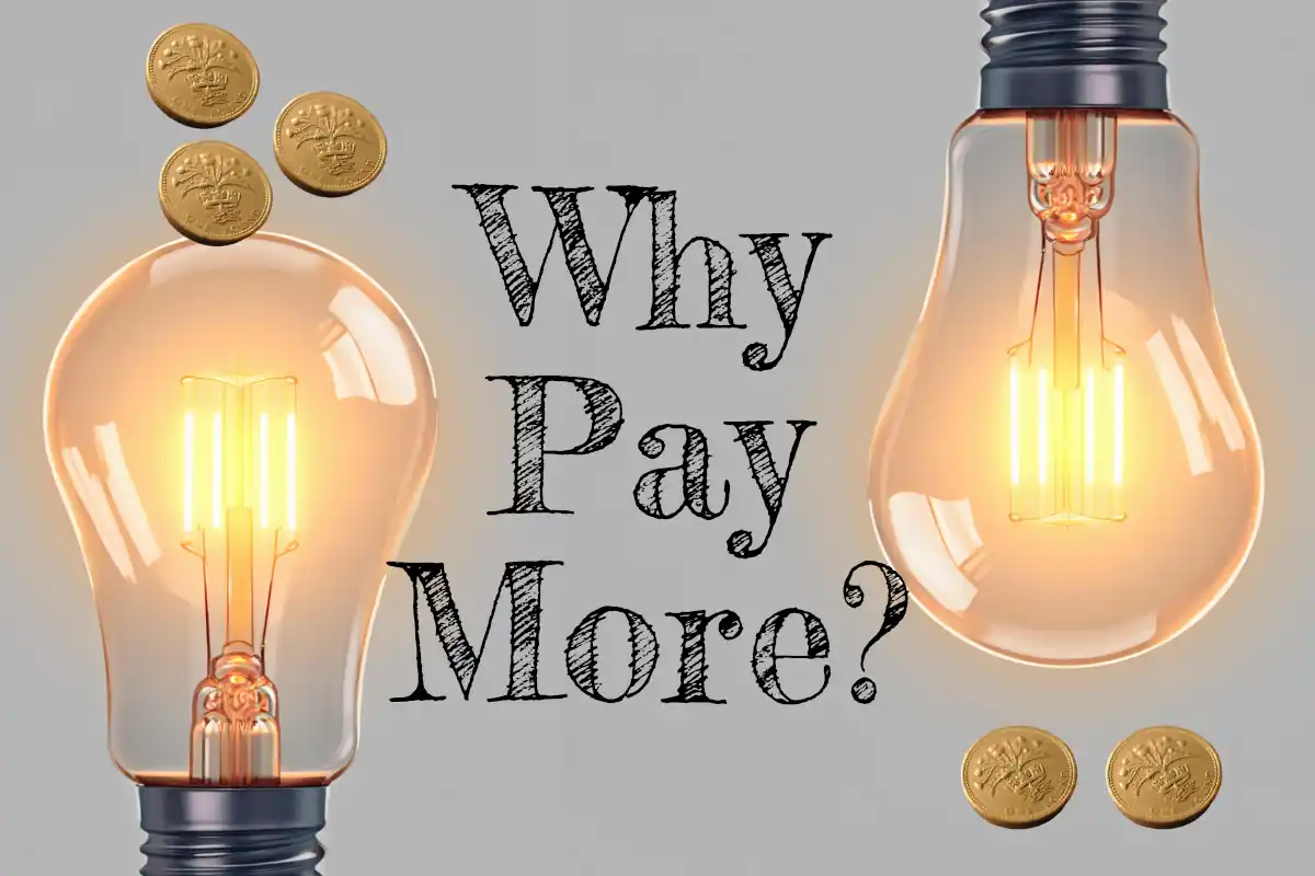 two light blubs, one with 3 coins and one with 2 coins, text says why pay more