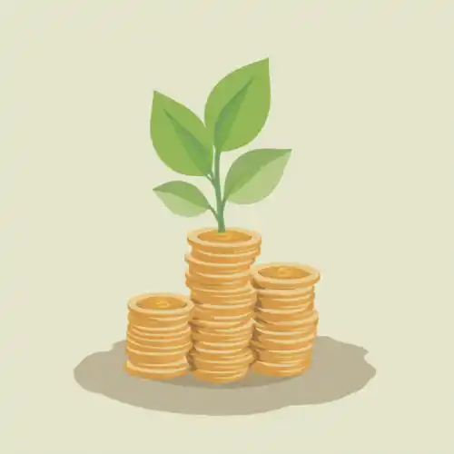 pile of three columns of gold coins with a large green leaf 