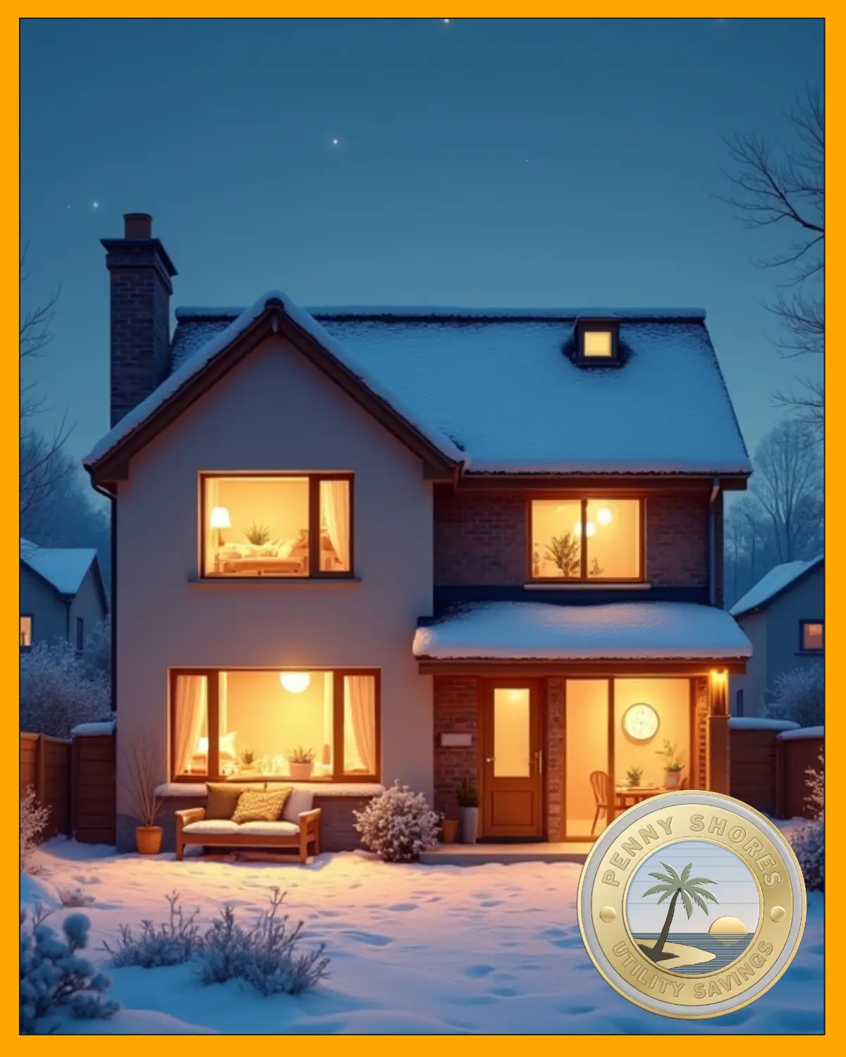 uk house in winter, snow on the ground, night sky with stars, warm yellow lights shinning inside the house
