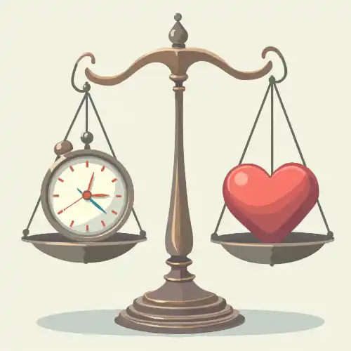 balanced scale with a clock on one side and a heart on the other