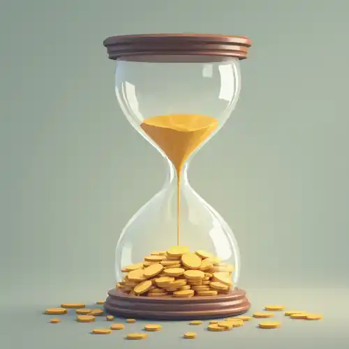 hourglass with sand pouring down turning into gold coins