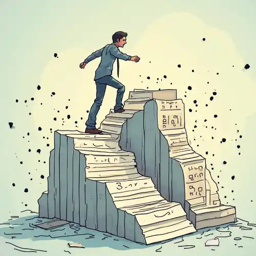 person walking up a stair of paper tasks